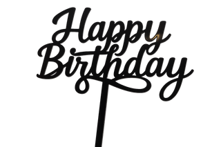 A black acrylic "Happy Birthday" cake topper with a flowing script font and a stick for inserting into a cake