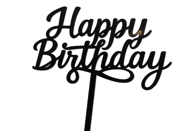 A black acrylic "Happy Birthday" cake topper with a flowing script font and a stick for inserting into a cake