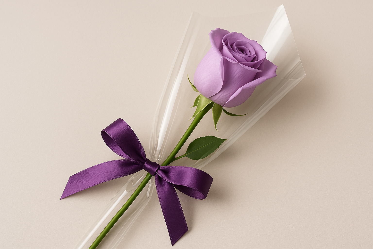 A single elegant purple rose with luxury gift wrapping viewed from an angle