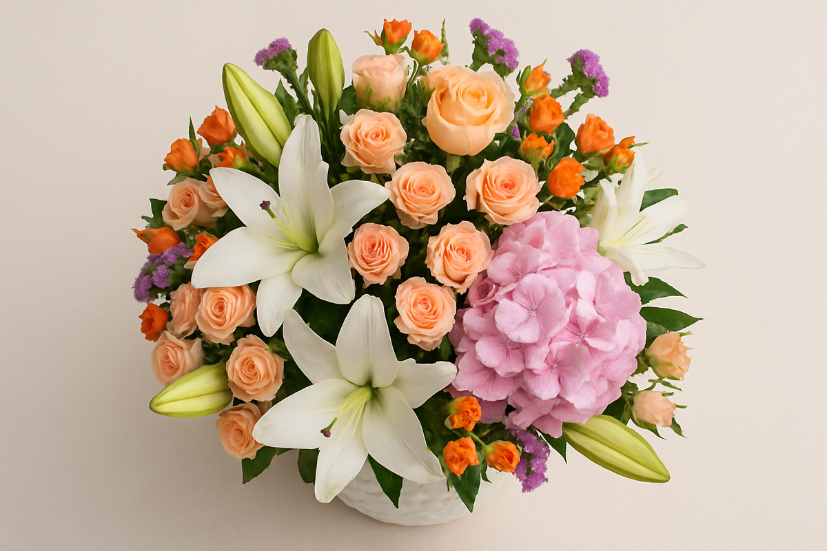 Colorful flower arrangement with roses, lilies, and hydrangeas on a beige background