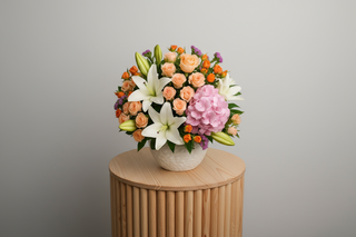 Colorful flower arrangement with roses, lilies, and hydrangeas on a beige background