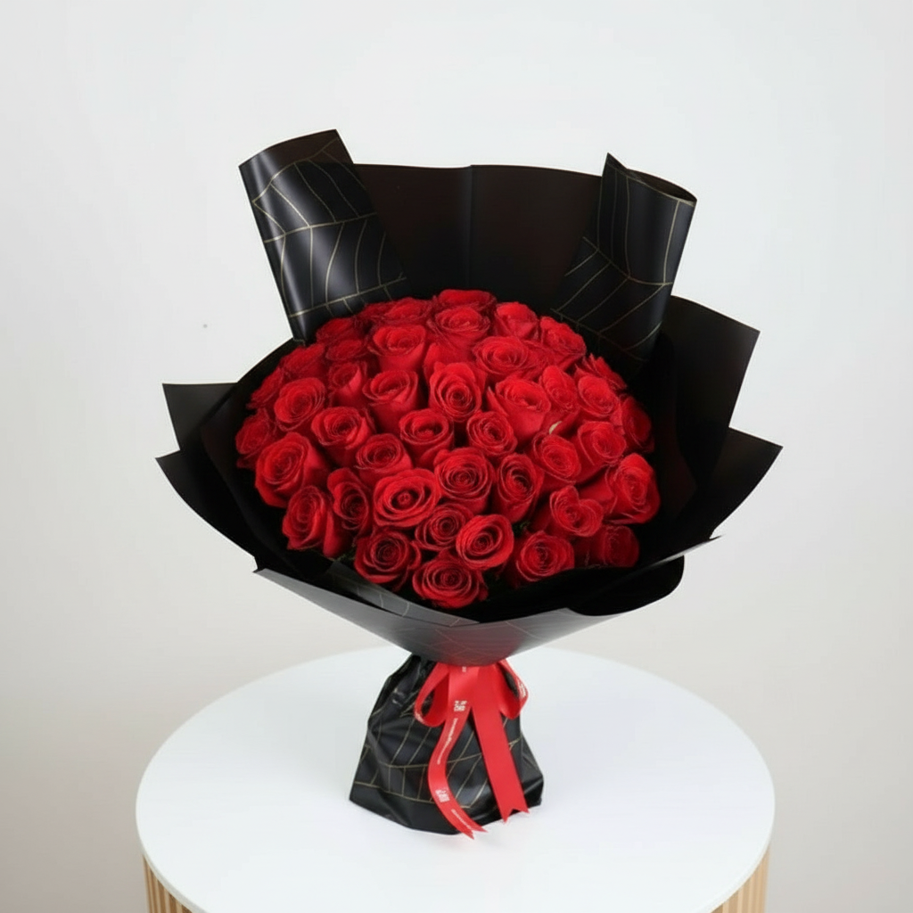 Alternate angle view of luxury red roses bouquet