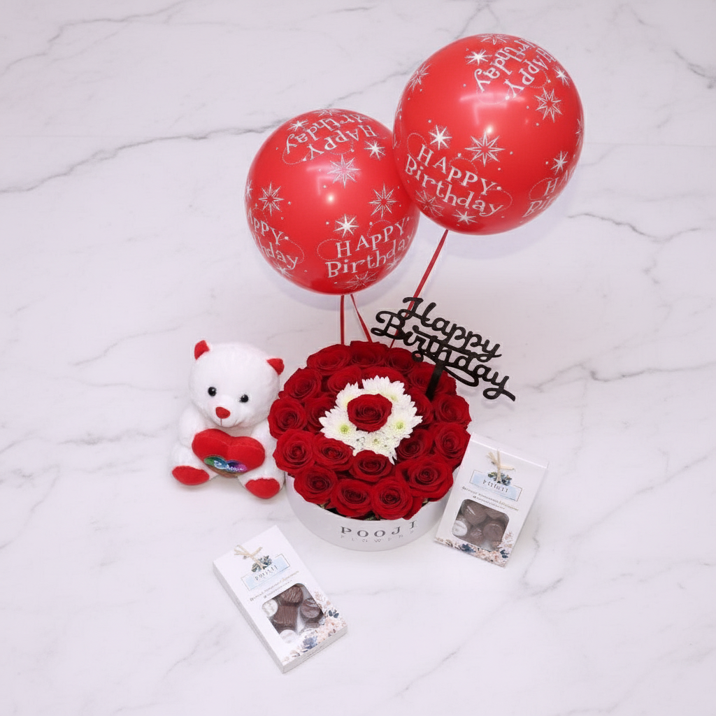 Birthday Combo - Red Roses, Balloons & Teddy Bear | Pooji Flowers Kuwait