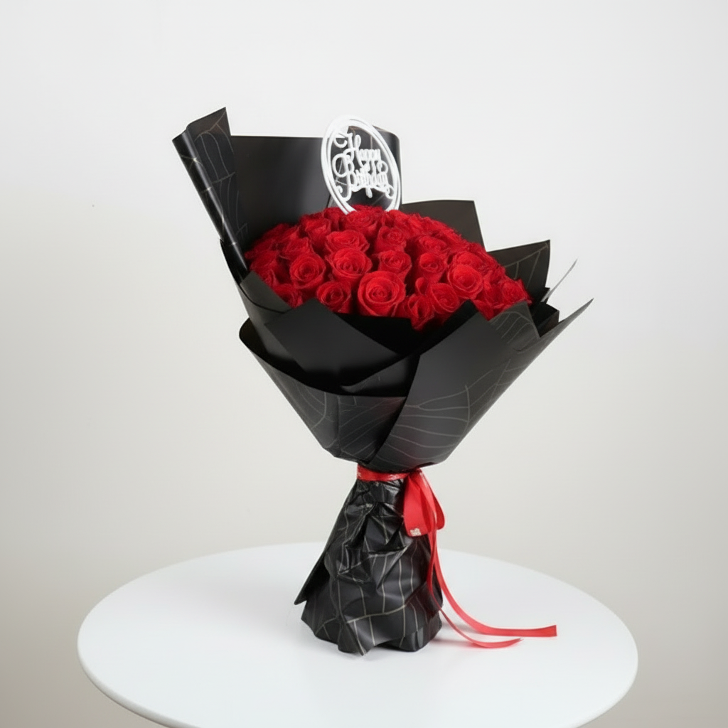 Birthday red rose bouquet side view