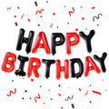 Balloon text spelling 'Happy Birthday' with red and black colors on a white background.