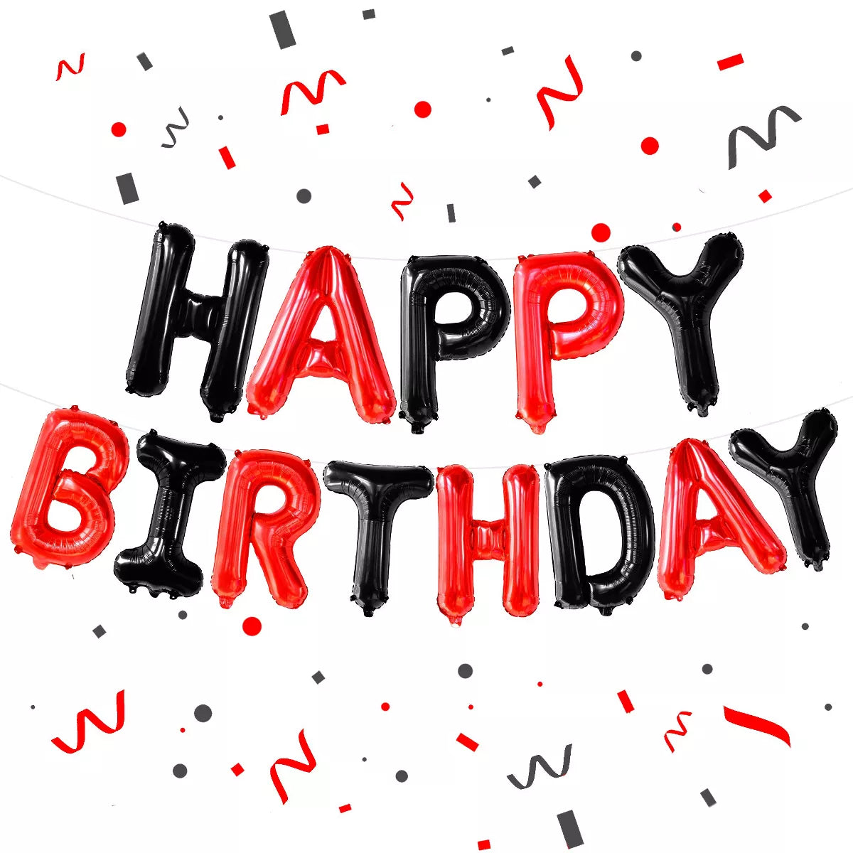 Balloon text spelling 'Happy Birthday' with red and black colors on a white background.