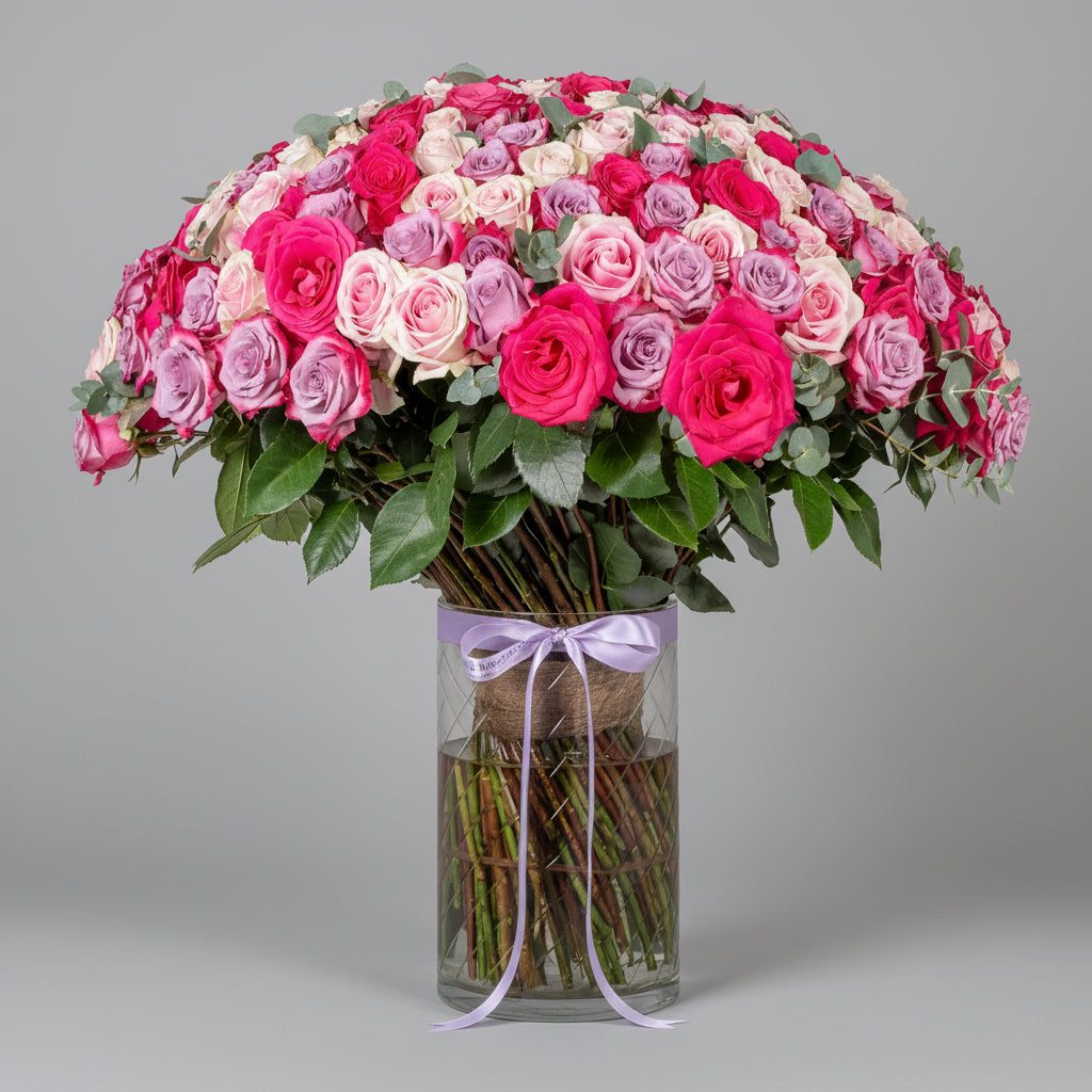 blush roses in clear vase