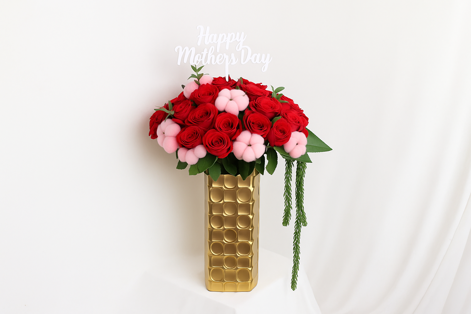 Clean Red Roses with Gold Vase - No Branding