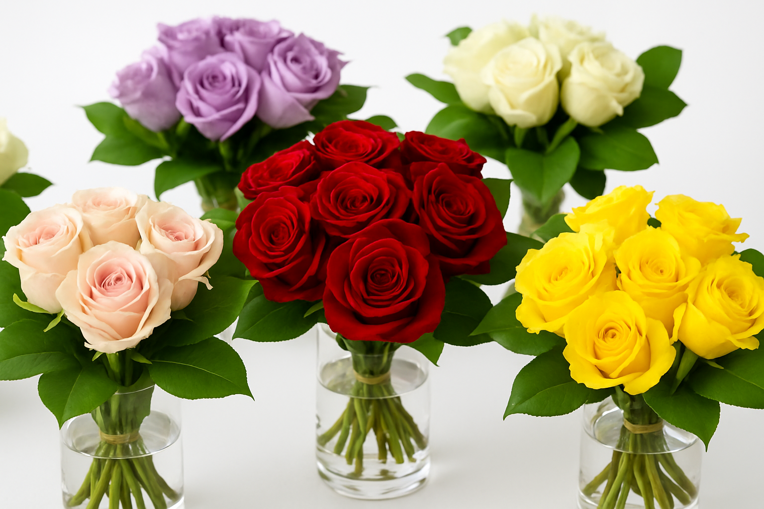 Five glass vases with colorful rose bouquets on a white background