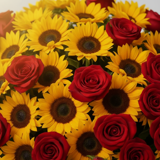 Close-up detail – Classic Basket Sunflowers & Roses