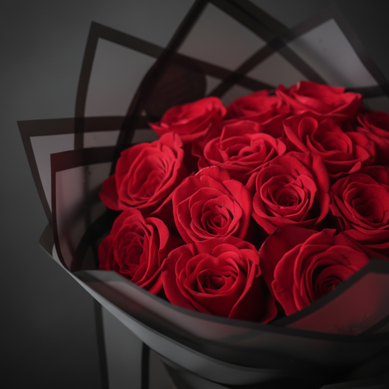 Close-up detail – Red Roses Black Wrap