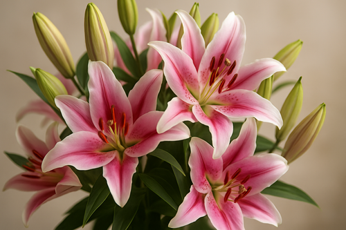 Bouquet of pink lilies with green leaves on a neutral background