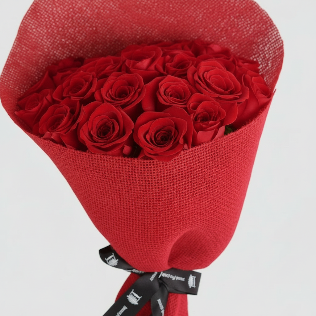 Close-up of red roses in red mesh wrapping