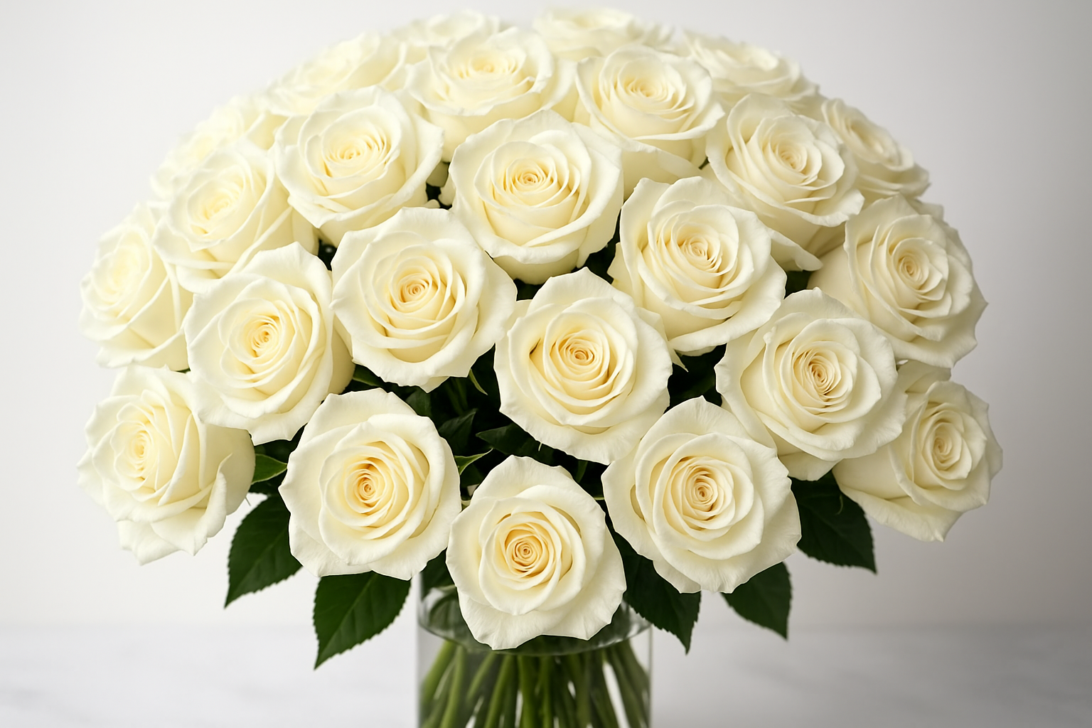 Bouquet of white roses in a clear vase on a light background