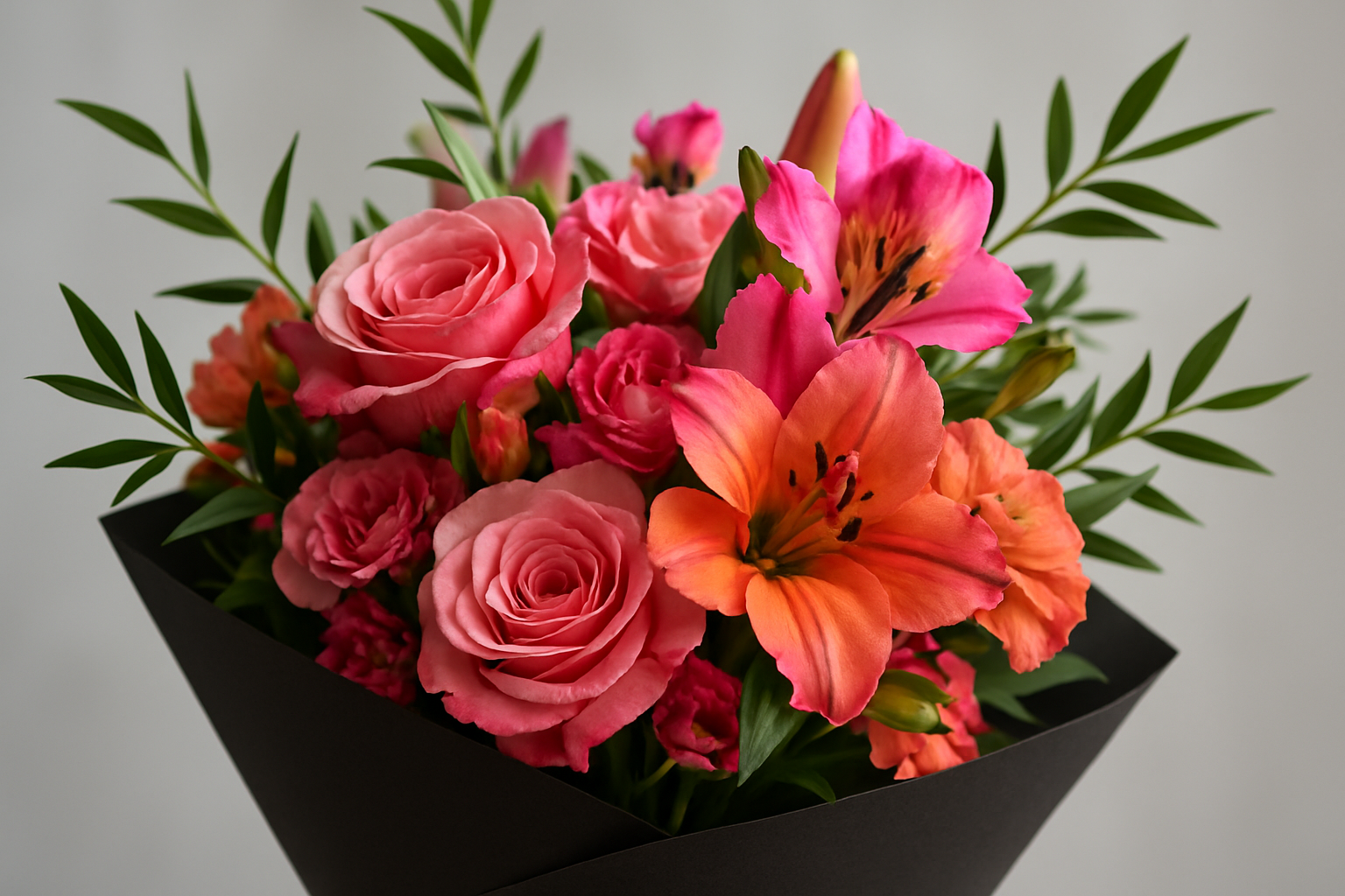 Bouquet of pink and orange flowers in a black container on a light gray background