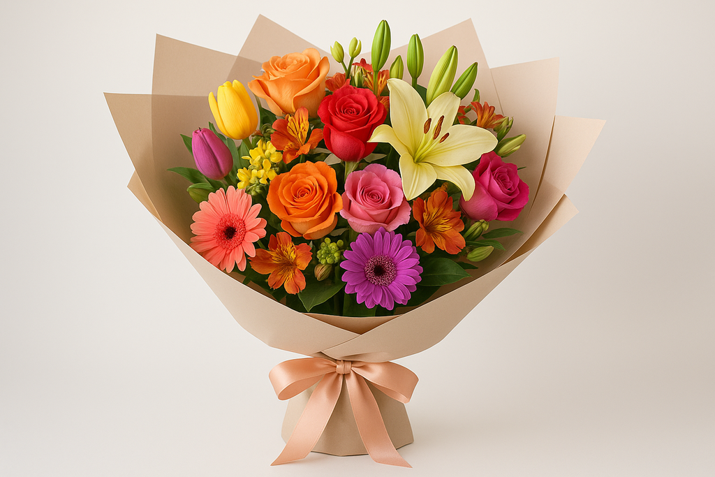 Vibrant Custom Bouquet with Roses, Lilies, and Tulips in Elegant Wrapping