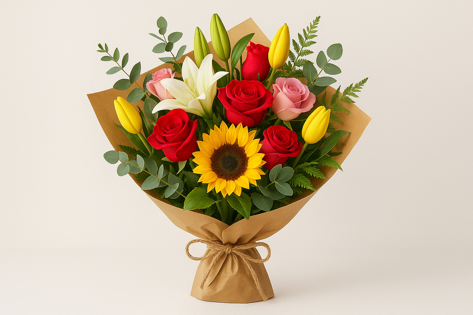 Bright Custom Bouquet with Sunflowers, Roses, and Lilies arranged in eco-friendly wrapping