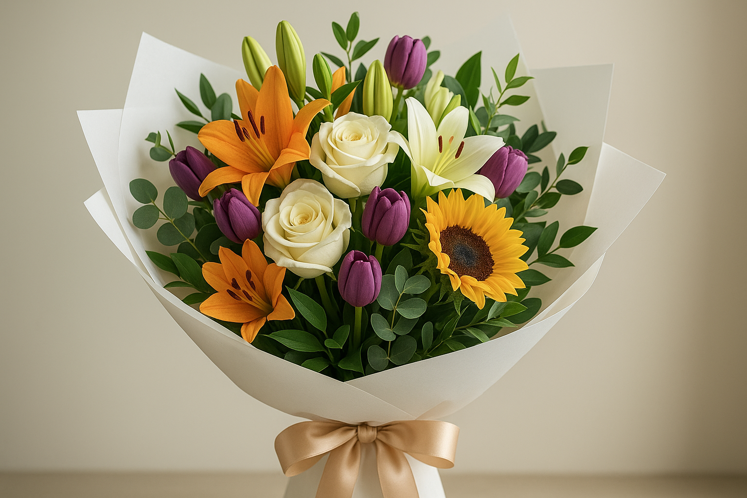 Beautiful custom bouquet featuring sunflowers, roses, lilies, and tulips in vibrant colors