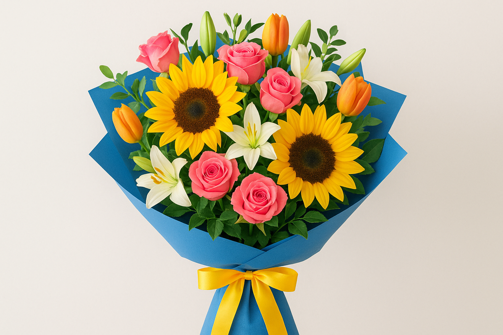 Vibrant custom bouquet featuring sunflowers, roses, lilies, and tulips in a blue wrapping