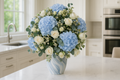 Blue Hydrangea and White Rose Arrangement Kitchen Marble Background