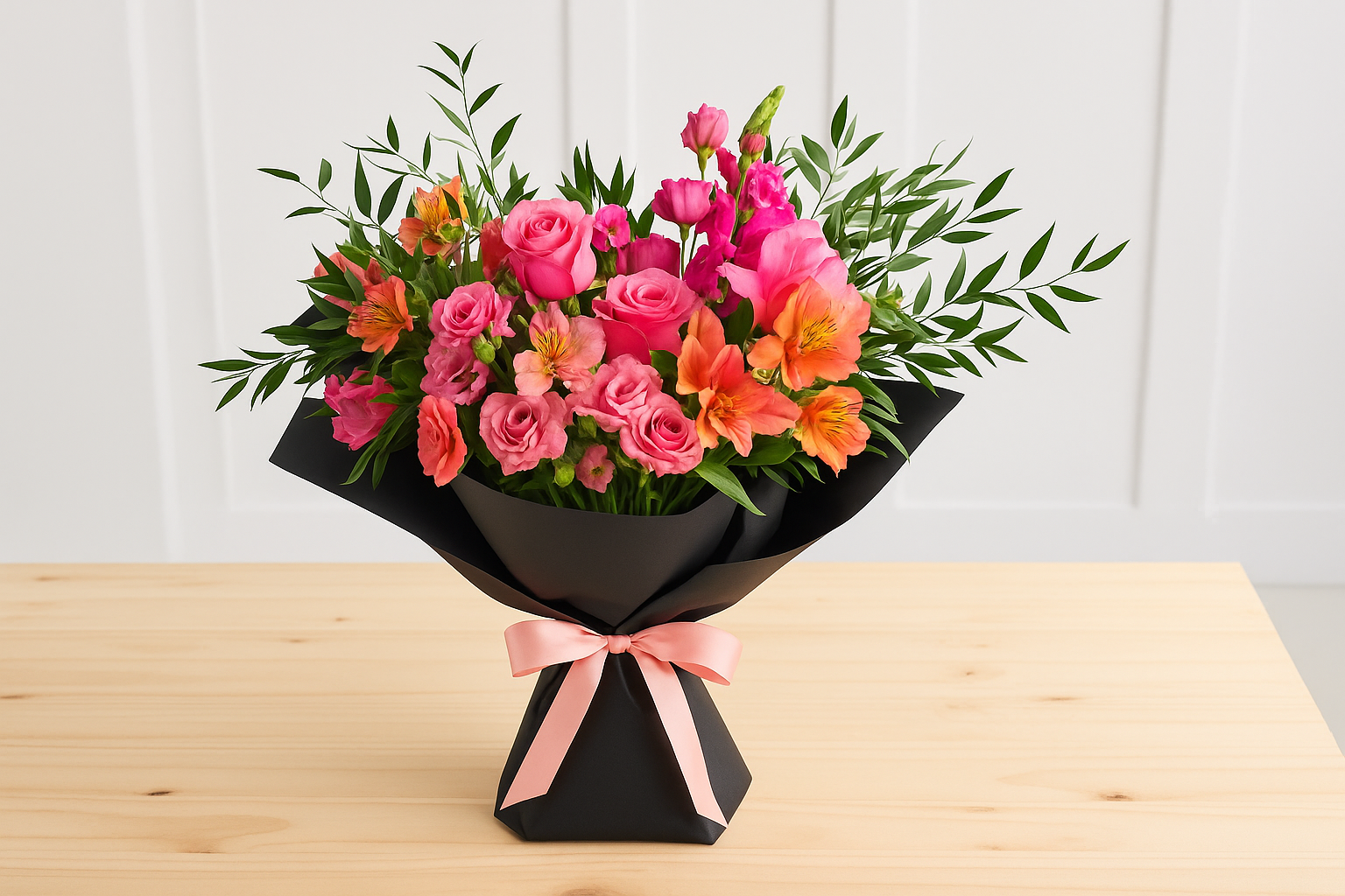 Bouquet of pink and orange flowers wrapped in black paper with a pink ribbon on a wooden table.