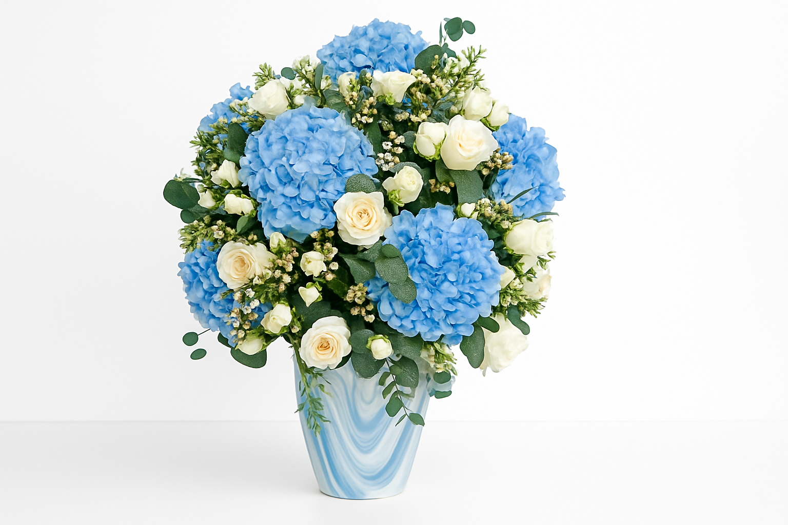 Enhanced Blue Hydrangea and White Rose Arrangement