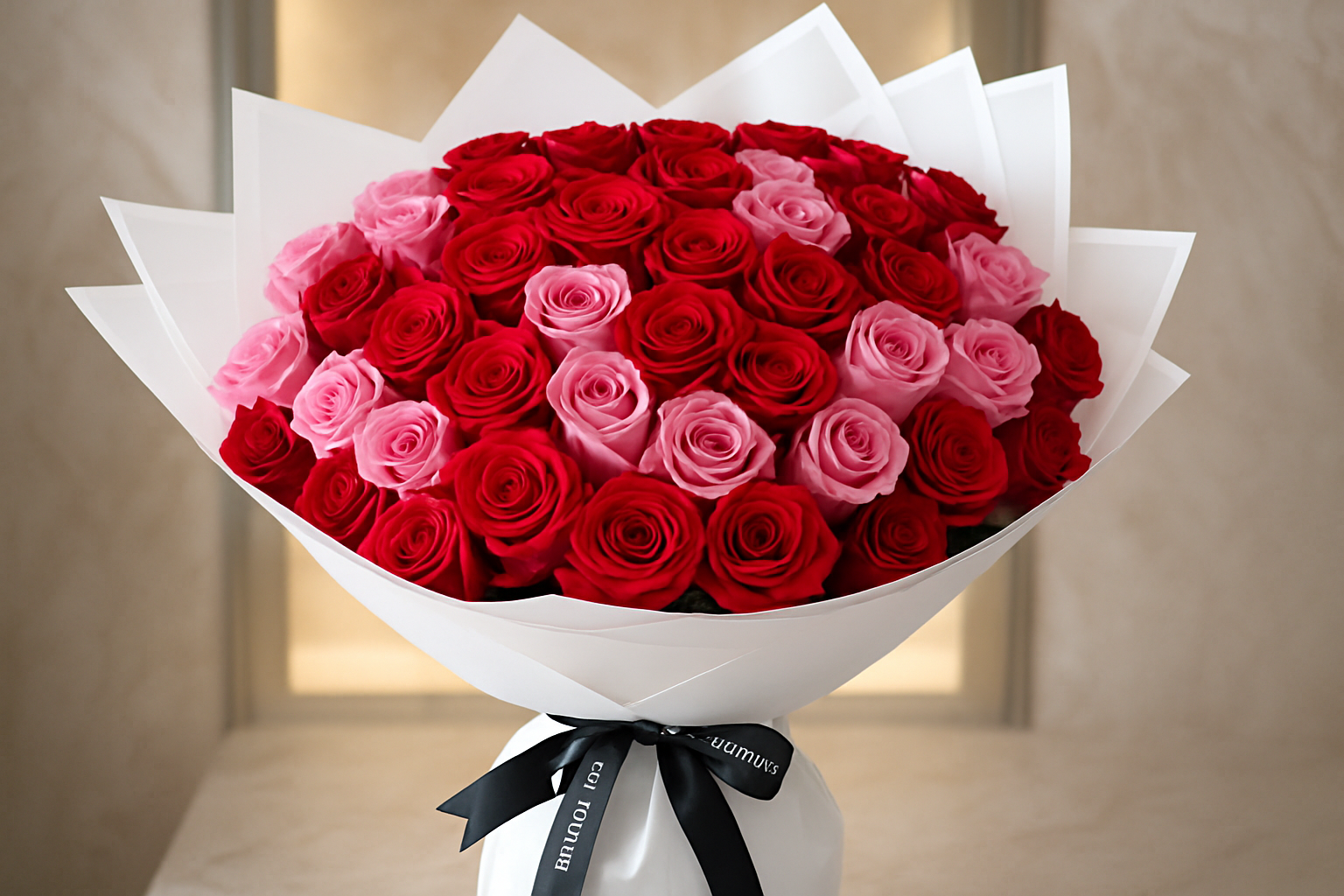 Enhanced bouquet of 100 red and pink roses
