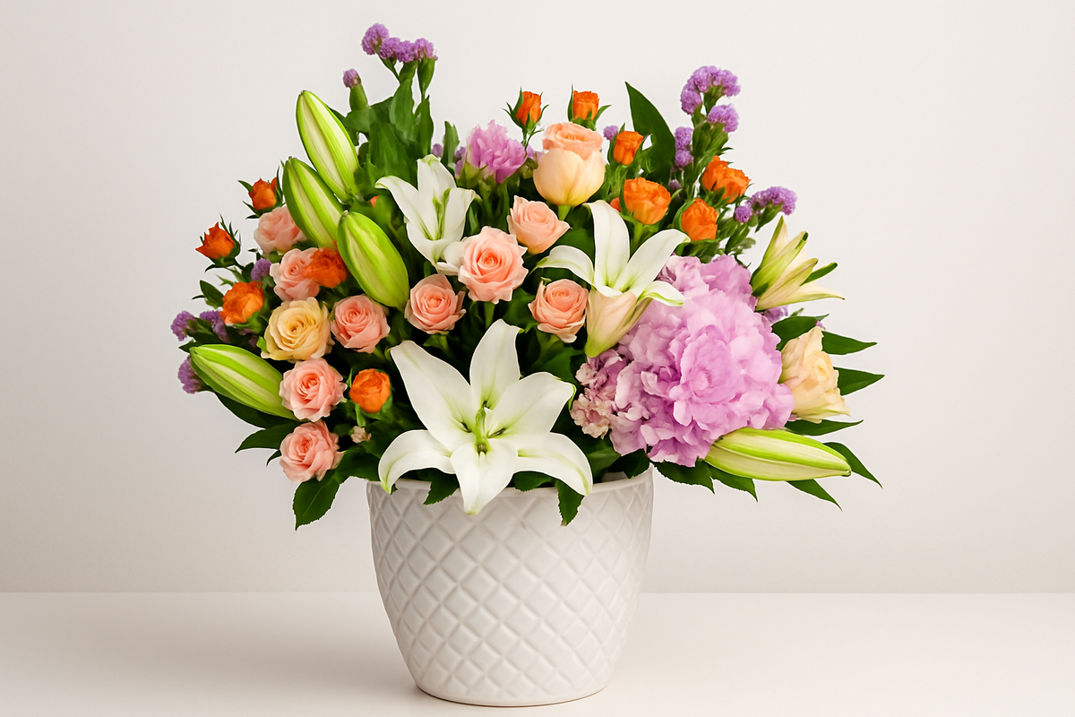 Bouquet of colorful flowers in a white vase on a light background