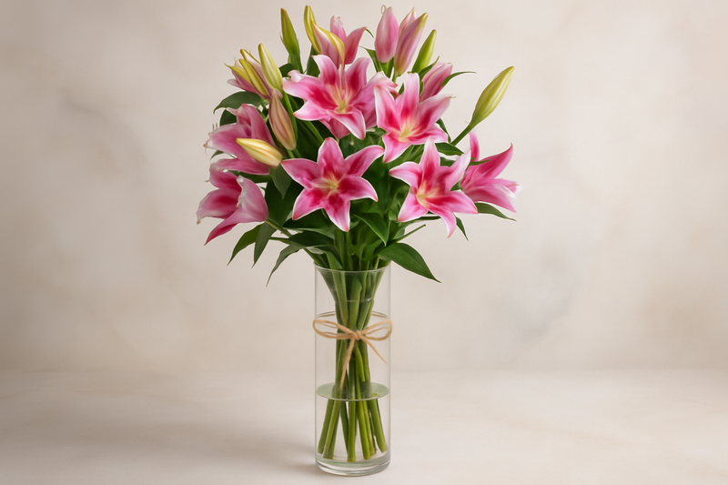 Bouquet of pink lilies in a clear vase on a light background