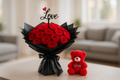 Enhanced Red Roses Bouquet with Teddy Bear - Living Room Background 2