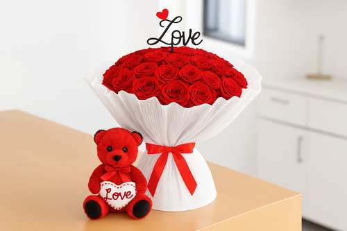 Enhanced Red Roses Bouquet with Teddy Bear