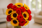 Enhanced Red Roses & Sunflowers Bouquet - Living Room Background 1