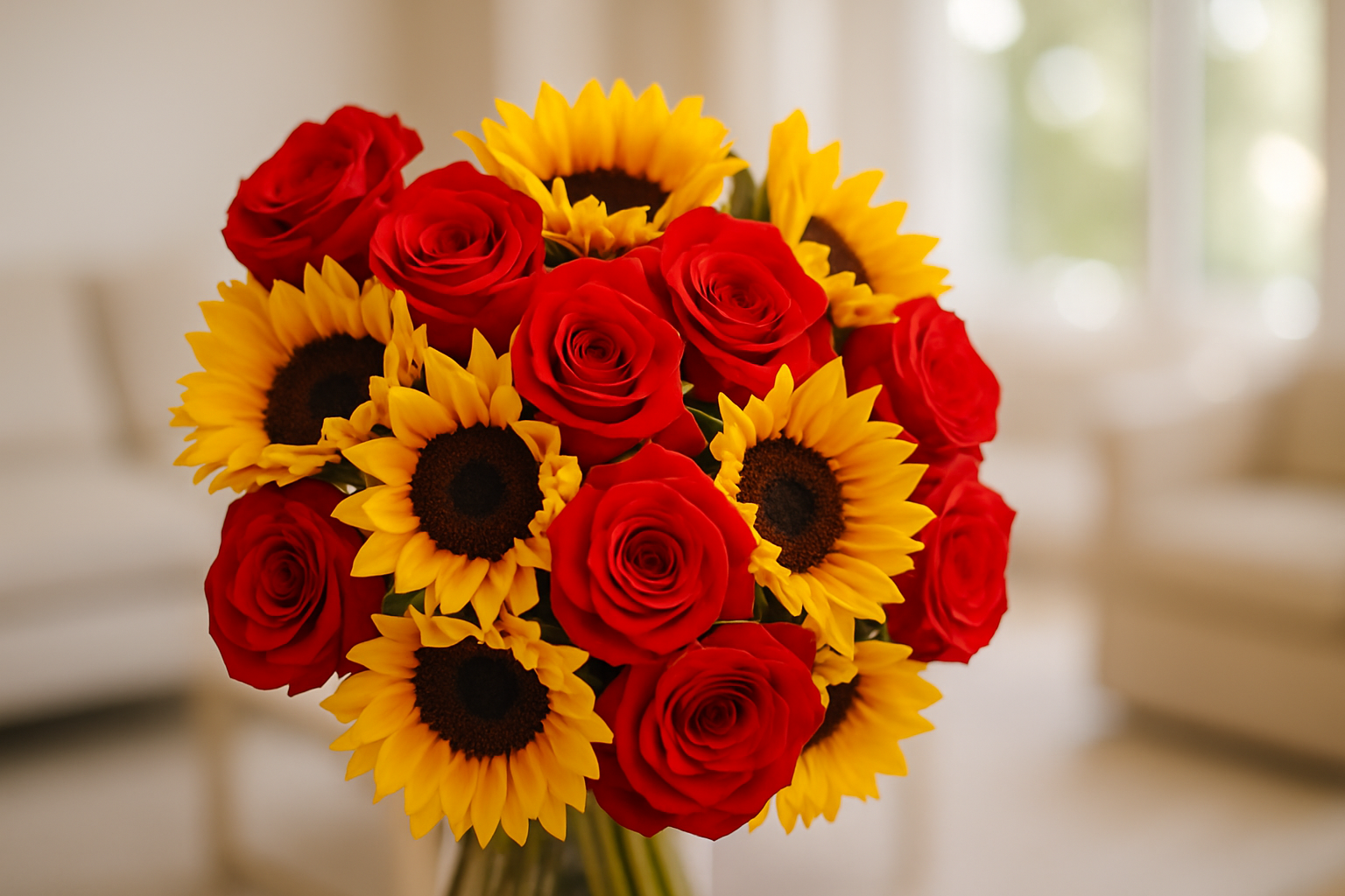 Enhanced Red Roses & Sunflowers Bouquet - Living Room Background 1