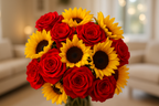 Enhanced Red Roses & Sunflowers Bouquet - Living Room Background 3