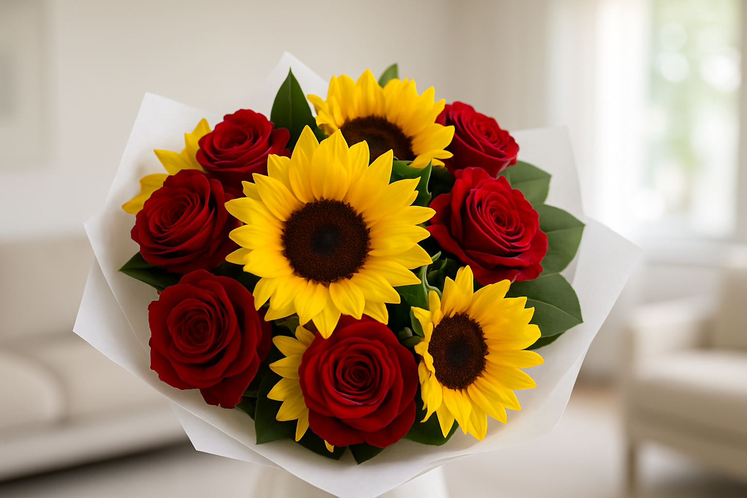Enhanced Red Roses & Sunflowers Mixed Bouquet - Living Room Background 1