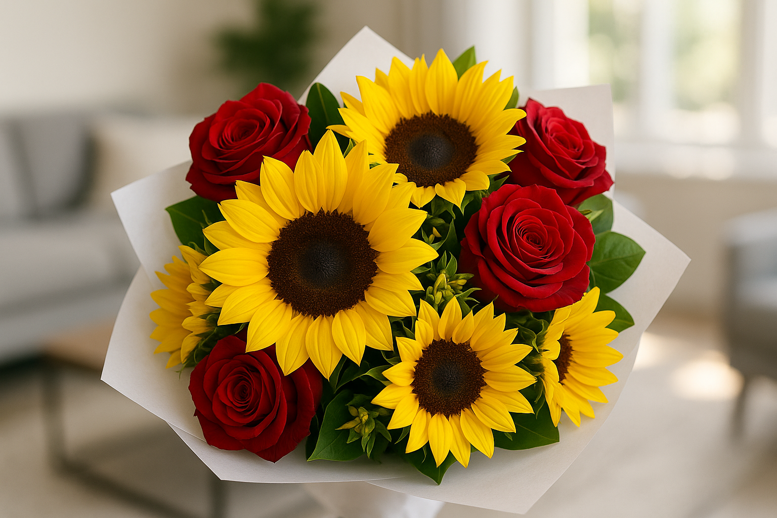 Enhanced Red Roses & Sunflowers Mixed Bouquet - Living Room Background 2