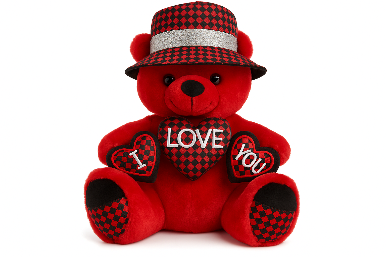 Enhanced red teddy bear with checkered hat