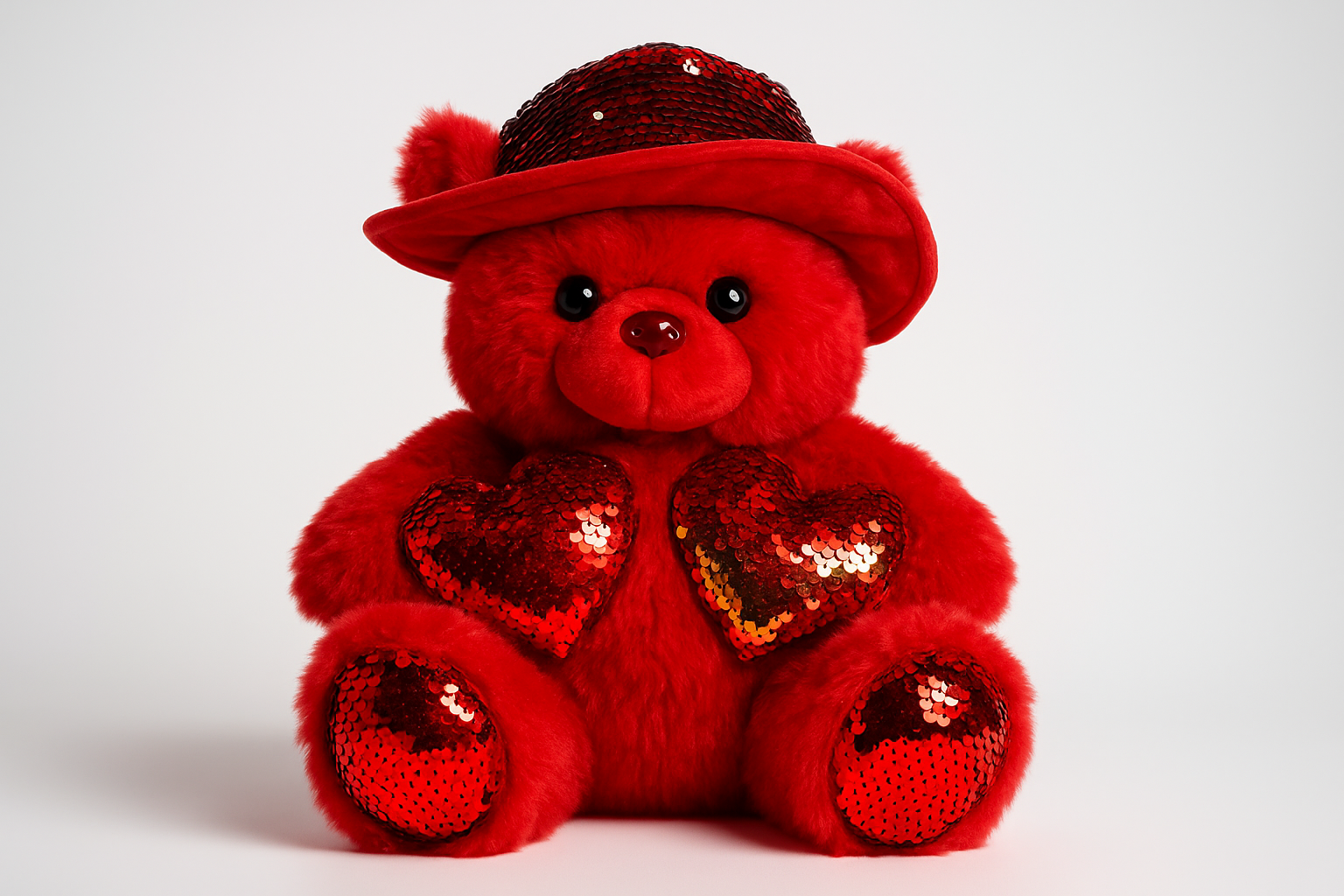 Enhanced red teddy bear with sequined hearts