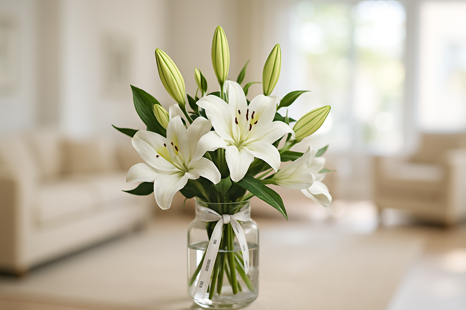 Enhanced White Lilies Vase Arrangement - Living Room Background 1