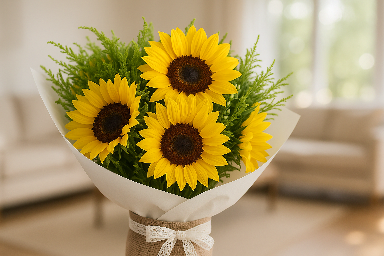 Enhanced White-Wrapped Sunflower Bouquet - Living Room Background 1