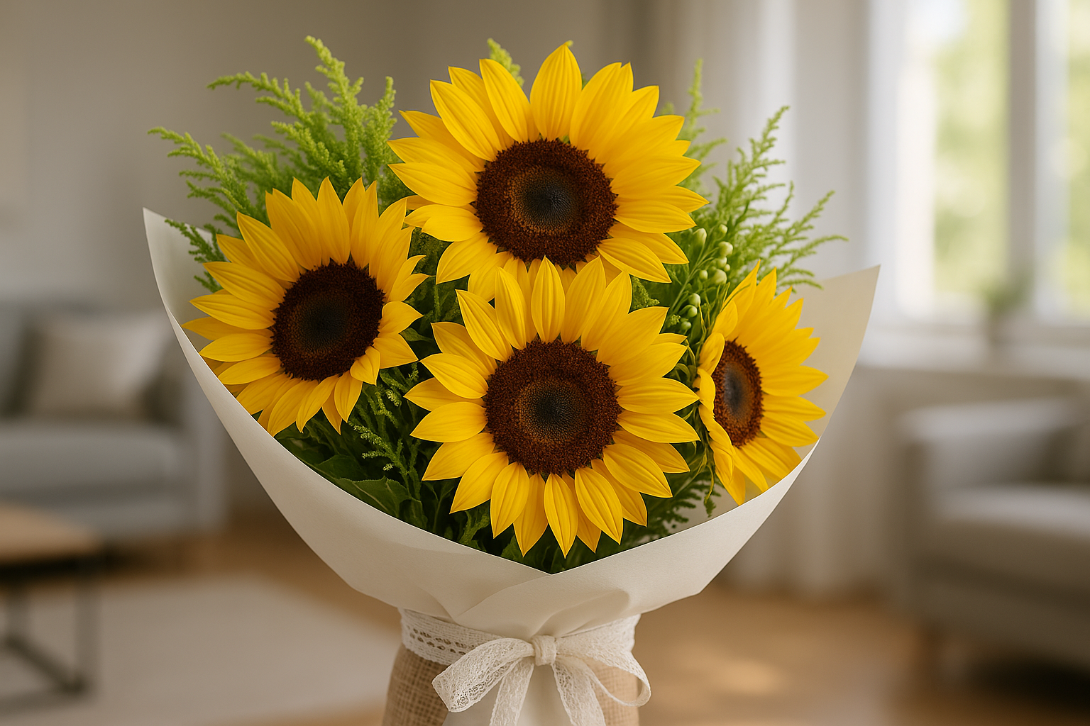 Enhanced White-Wrapped Sunflower Bouquet - Living Room Background 2