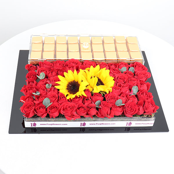 Gold Chocolates Tray with Fresh Roses
