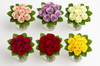 Six glass vases filled with roses of different colors on a white background