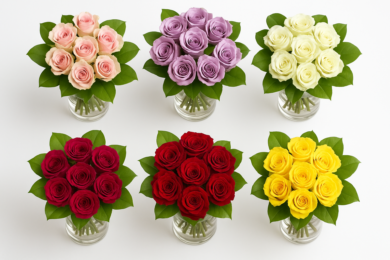 Six glass vases filled with roses of different colors on a white background
