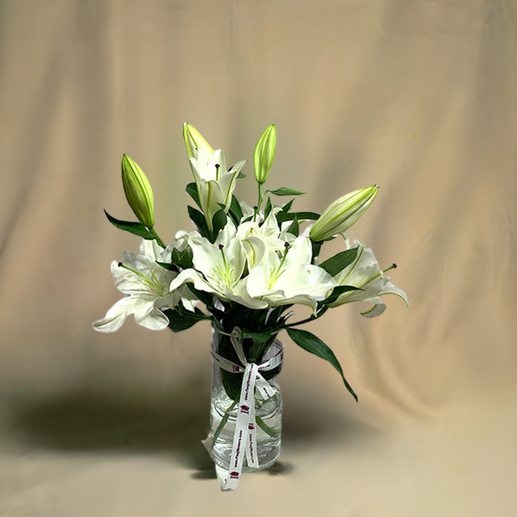 Elegant white lilies bouquet in a glass vase with green leaves and decorative ribbon
