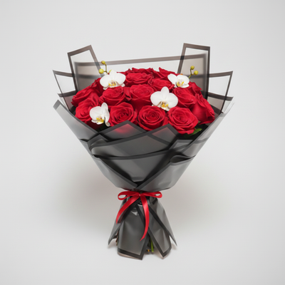 Front angle – Red Roses Black Wrap