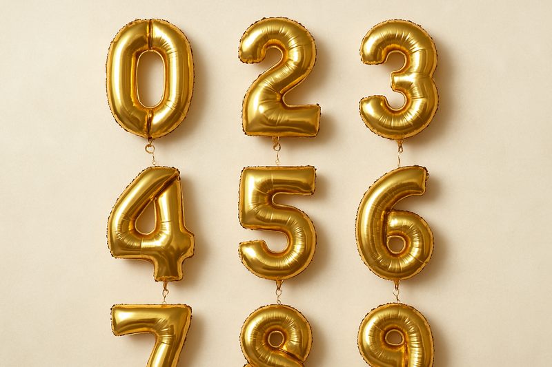 Gold helium balloons in the shape of numbers 0 through 9 in a square format