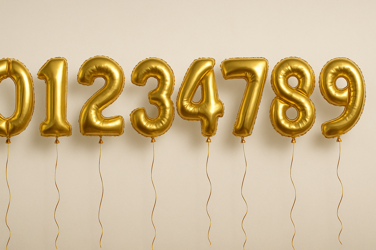 Gold helium balloons in the shape of numbers 0 through 9
