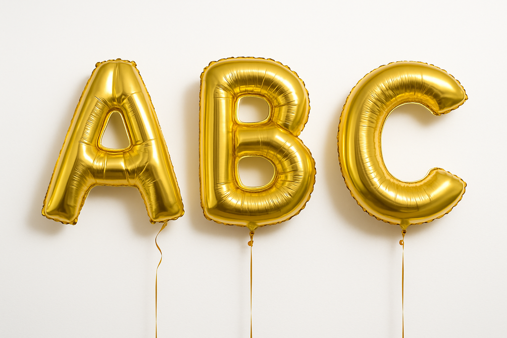 Gold letter helium balloons showing elegant, shiny 40-inch gold foil letters floating against a white background
