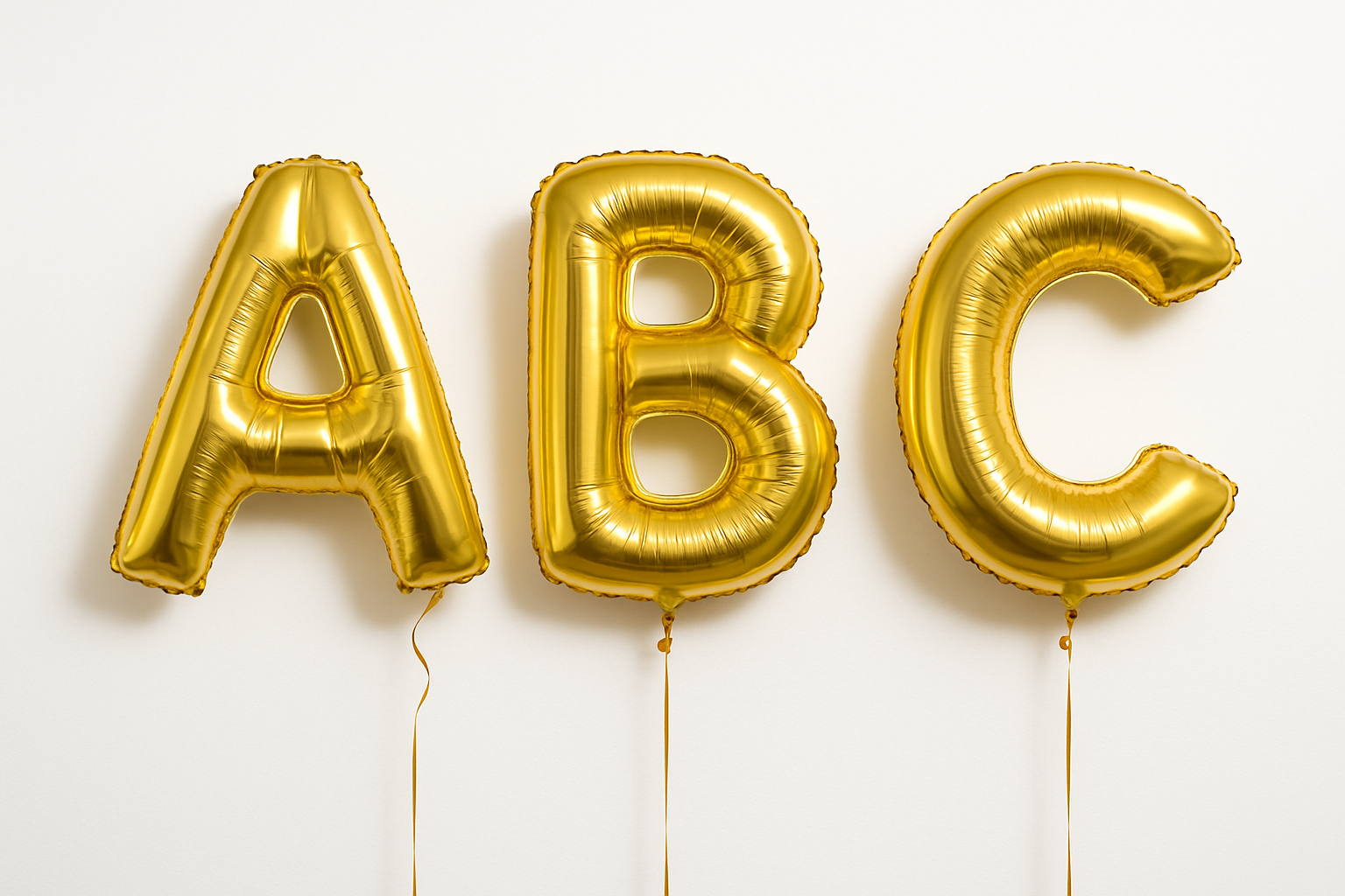 Gold letter helium balloons showing elegant, shiny 40-inch gold foil letters floating against a white background